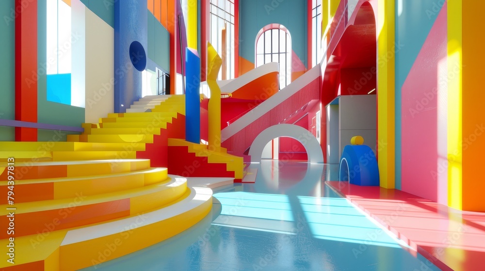Aufkleber Abstract shapes and bright colors in a 3D representation of a school setting  AI generated illustration