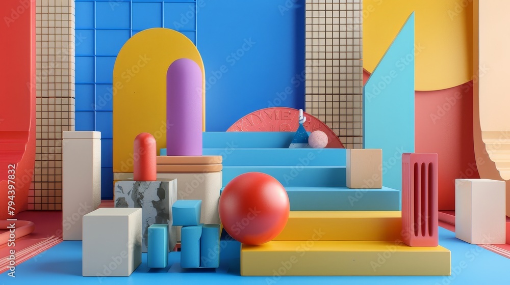Poster abstract shapes and bright colors in a 3d representation of a school setting ai generated illustrati