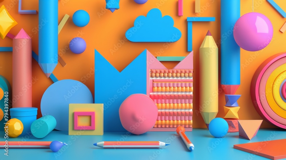 Poster abstract shapes and bright colors in a 3d representation of a school setting ai generated illustrati