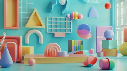 Abstract shapes and cute characters in a 3D representation of a classroom setting  AI generated illustration