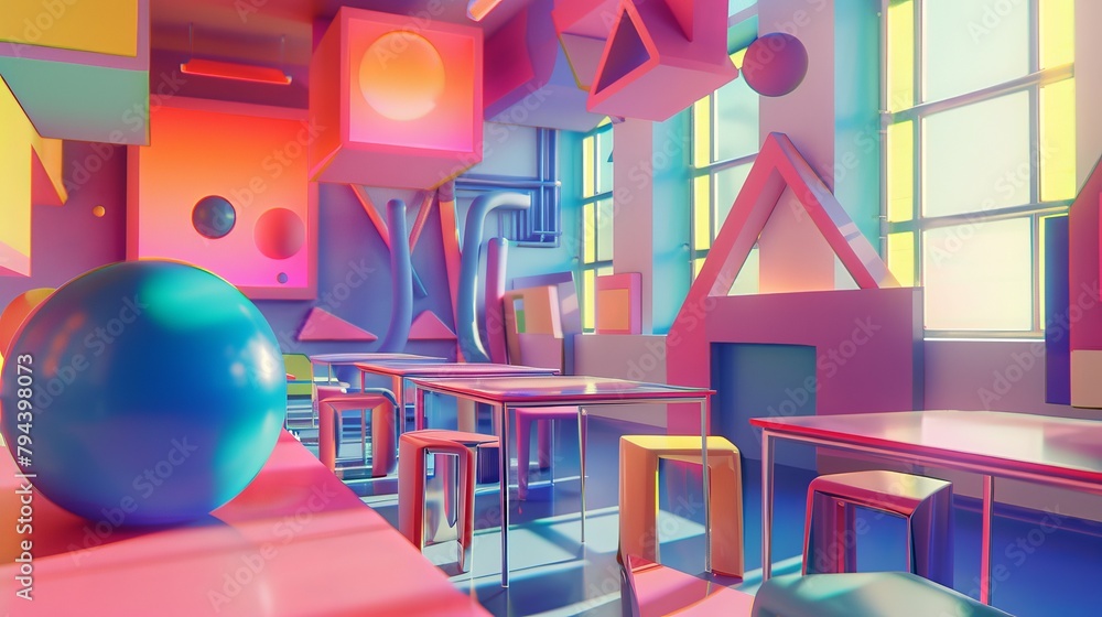 Aufkleber Abstract shapes and vibrant colors in a 3D render of a classroom scene  AI generated illustration