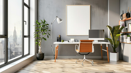 Inviting office room with minimalist furnishings and pops of bright color, featuring a blank white...