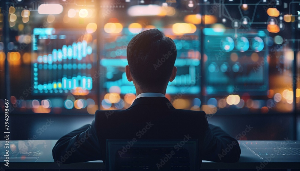 Poster professional analyst monitoring data on multiple screens