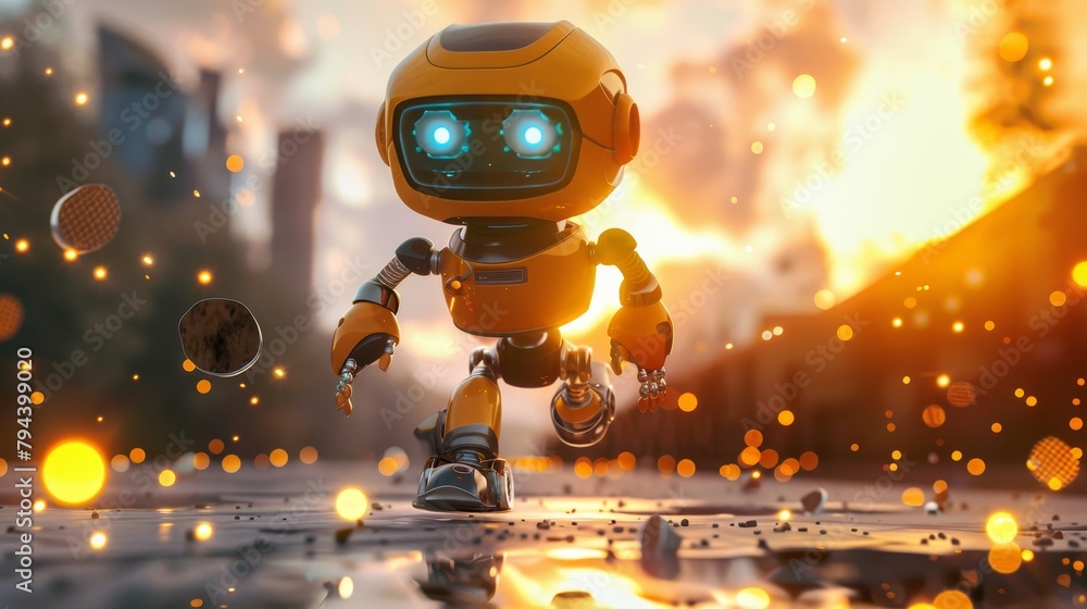 Aufkleber an abstract 3d rendering of a cute cartoon-like robot walking through a digital landscape ai generat