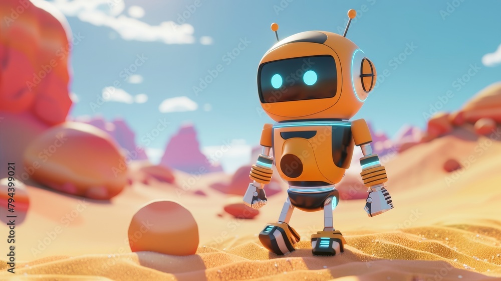 Aufkleber an abstract 3d rendering of a cute cartoon-like robot walking through a digital landscape ai generat