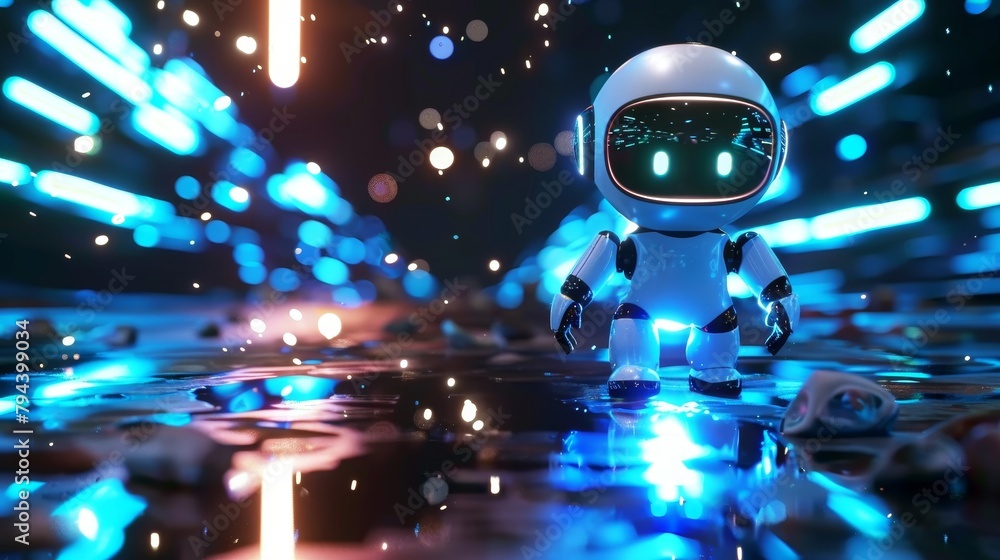 Aufkleber an abstract 3d rendering of a cute cartoon-like robot walking through a digital landscape ai generat