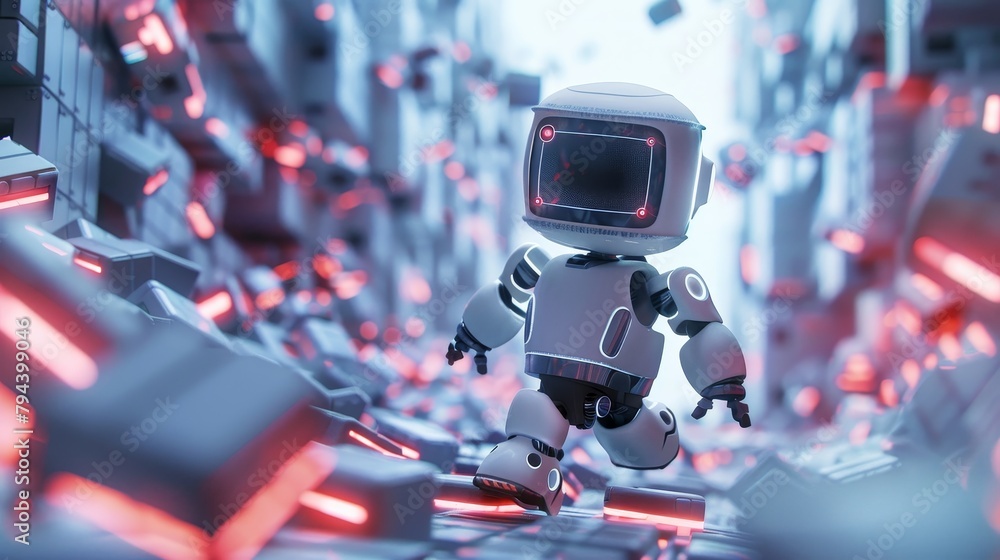 Poster an abstract 3d rendering of a cute cartoon-like robot walking through a digital landscape ai generat