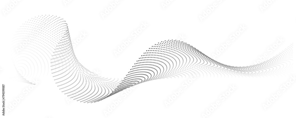 Poster Flowing dots particles wave pattern in halftone black and white gradient curve shape isolated on transparent background. Concept of technology, science, music, AI. Vector. 