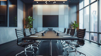 A large conference room with a black board and a large window