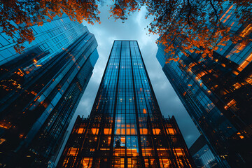 A Group of Tall Buildings Sitting Next to Each other,
A photo of a modern skyscraper with its glass facade reflecting the city around it
