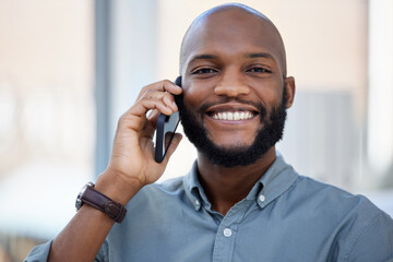 Business, portrait or black man on a phone call talking, networking or speaking to chat in discussion. Smile, startup or African entrepreneur in mobile conversation, communication or negotiation deal