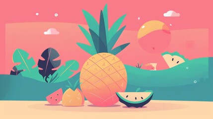   A pineapple, watermelon, and watermelon slices rest on a table against a pink background