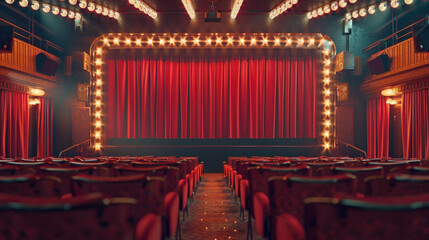 A red curtain hangs in front of a theater stage - obrazy, fototapety, plakaty