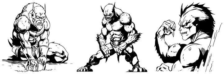 Monster . Line art. Black and white illustration. Print for T-shirts, pattern for tattoos. Generated by Ai