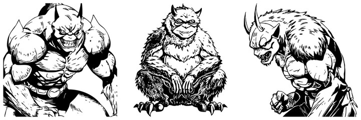 Obraz premium Monster . Line art. Black and white illustration. Print for T-shirts, pattern for tattoos. Generated by Ai