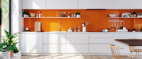 A minimalist kitchen with a vibrant, tangerine orange backsplash and crisp, white cabinets, surrounded by colorful accents and offering ample copy space.