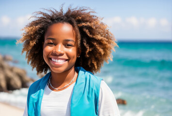Beach vacation portrait, young African American woman with carefree smile, beachscape blur