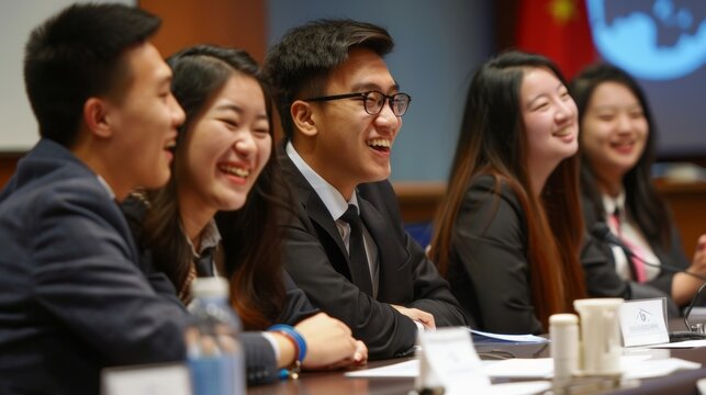A warm smile adorns the diplomats face as they speak passionately in Mandarin demonstrating their understanding and appreciation of global perspectives. .