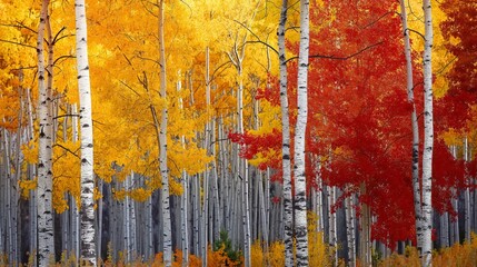 Vibrant autumn colors engulf the trees in a peaceful forest scene