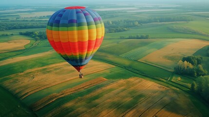 Obraz premium Colorful hot air balloon floats gracefully over green fields during a tranquil sunrise flight