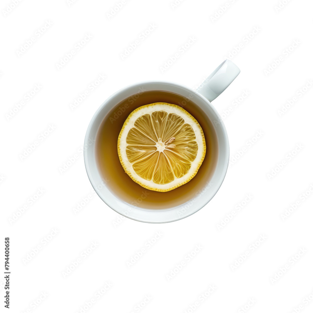 Poster a top down view of a tea cup and pot adorned with a slice of lemon set against a sleek grey backdrop