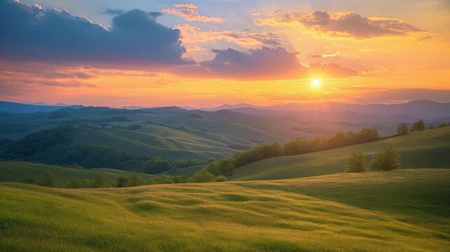 Captivating photo of a golden sunset casting warm light over undulating rural landscapes