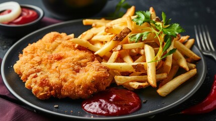 German Viennese Vienna Wiener Schnitzel with French fries, 16:9