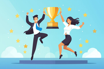 Business graphic vector modern style illustration of a business person in a workplace environment winning a trophy award succeed jump for joy cheer employee company winning recognition great