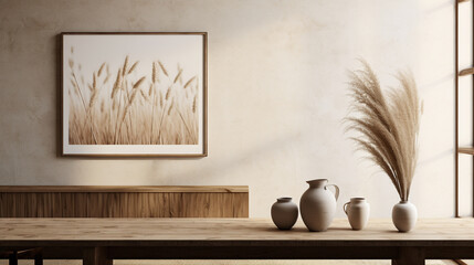 Framed against a backdrop of modernity, a wooden table features a white ceramic vase filled with dried spikelets, enhancing the aesthetic appeal of the interior space.