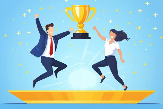 Business graphic vector modern style illustration of a business person in a workplace environment winning a trophy award succeed jump for joy cheer employee company winning recognition great