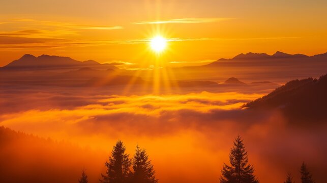 Breathtaking image capturing the vibrant hues of sunrise breaking over a sea of mist and mountain silhouettes