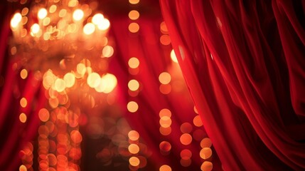 Plush red curtains frame the outoffocus chandeliers lending an air of elegance and mystery to the lively chandelier dancers. . - obrazy, fototapety, plakaty