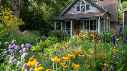 Serene image of a charming cottage with a vibrant garden filled with an array of colorful flowers