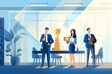 Business graphic vector modern style illustration of a business person in a workplace environment winning a trophy award succeed jump for joy cheer employee company winning recognition great