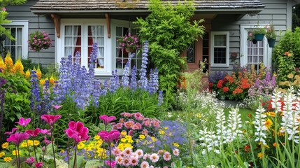 Quaint cottage adorned with a vibrant garden featuring an array of blooming flowers