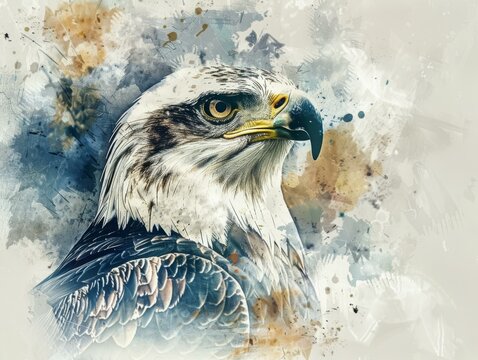 Artistic rendering of an eagle's gaze, powerful and serene, in a watercolor-inspired digital style
