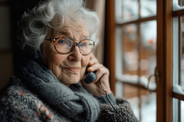 Elderly woman talking on phone by window. Reflects themes of communication, aging, and solitude, suitable for social care and elderly lifestyle content.