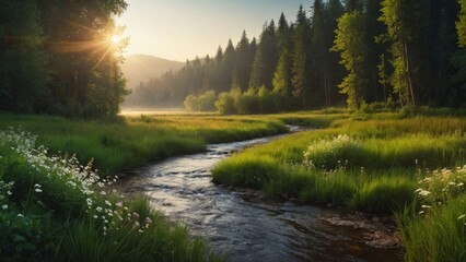 River between meadows and forests  summer