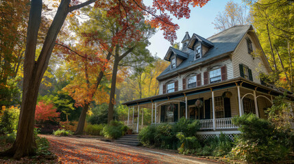 Fototapeta premium Large house with a porch and a blue roof