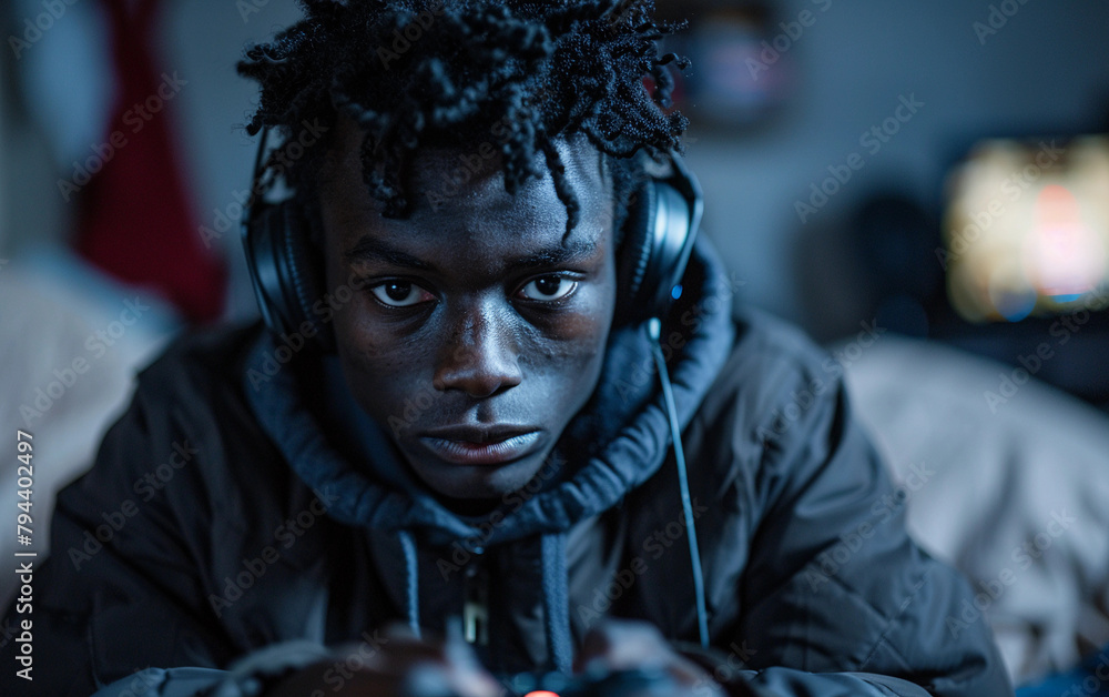 Poster a young man with dreadlocks is playing a video game with headphones on. he is focused on the game an