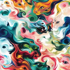 Illustrator creates an abstract depiction of pets in motion, dynamic and colorful for wallpaper