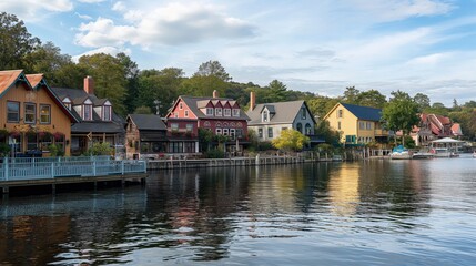 Fototapeta premium Scenic view of a charming riverside town with colorful historic buildings reflecting in the calm water