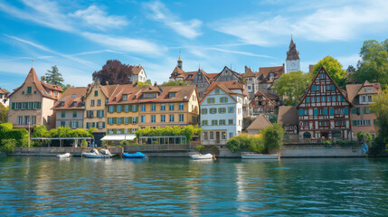 Fototapeta premium Scenic view of a charming riverside town showcasing traditional architecture and serene waters