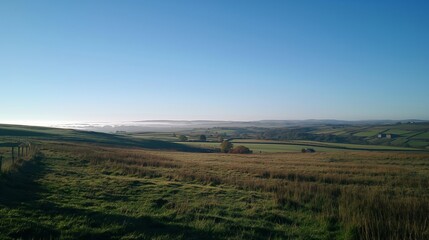 Fototapeta premium Tranquil view of a countryside with undulating fields and clear blue sky