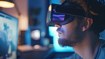 Closeup of a man wearing a virtual reality headset, immersed in virtual reality content on a computer screen - obrazy, fototapety, plakaty