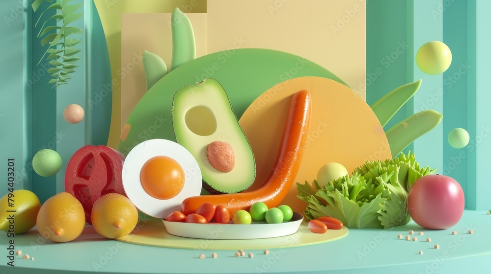 Poster an abstract and geometric 3d render of a balanced and nutritious meal ai generated illustration
