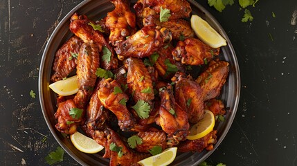 A platter of traditional spicy Buffalo chicken wings served with lemon wedges and fresh cilantro on top