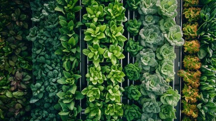 Diverse green leafy plants thriving in a vertical wall garden, showcasing sustainable cultivation in a commercial setting