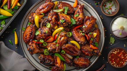 A plate filled with juicy chicken wings accompanied by peppers and onions