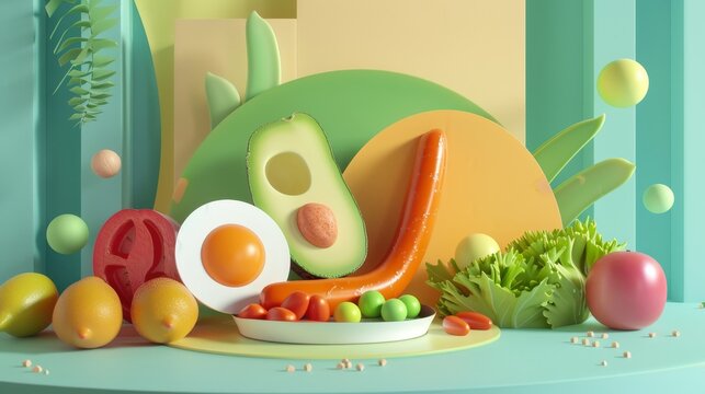 An abstract and geometric 3D render of a balanced and nutritious meal      AI generated illustration